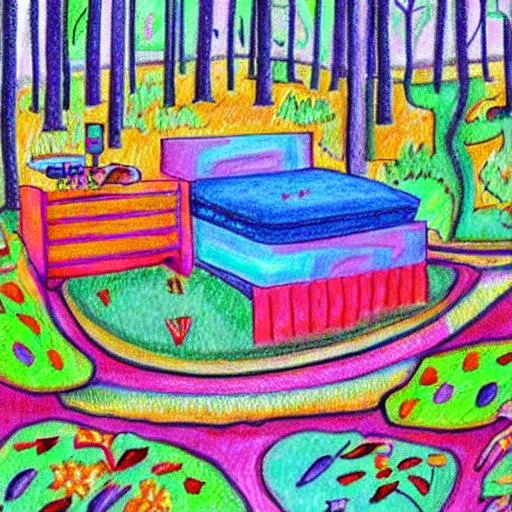 Prompt: a colorful drawing of a bed, that is in the middle of a forest, with solid colors