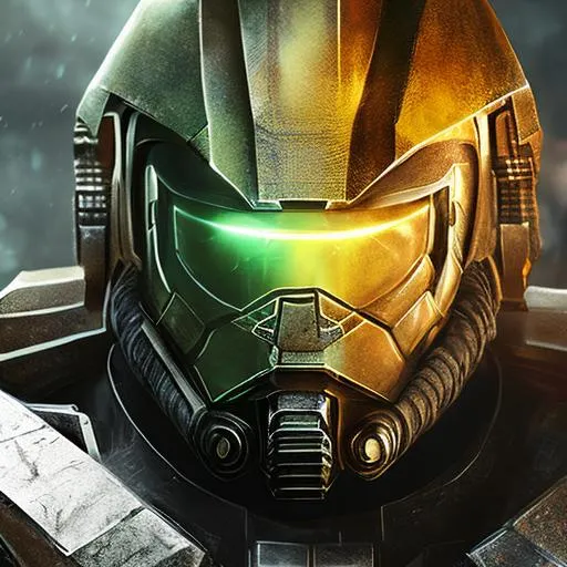 Prompt: Master Chief. Spartan super soldier with from the future. He is wearing MJOLNIR advanced armor which is green and visor for his helmet is yellow and gold. He is battle worn and holding a battle rifle. The background is a desert planet with large destroyed city buildings. photo realistic. colorful. Extreme detail. Sci-Fi movie Poster.