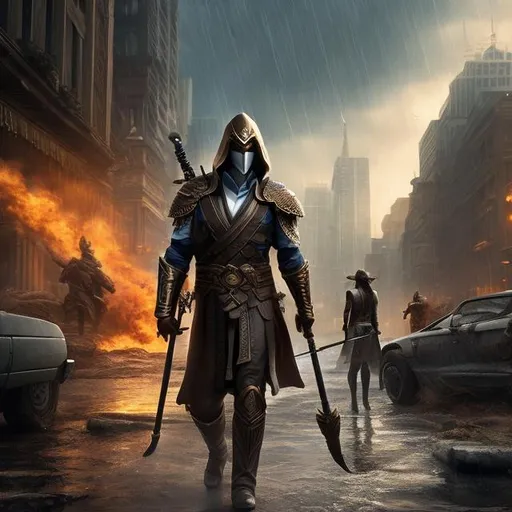 Prompt: {highly detailed, best quality, masterpiece, 4k hdr}. a Man wearing a nice business suit, with a bronze mask covering his face. wielding a spear. (Epic). wandering through a post-apocalypse city, walking in the rain,