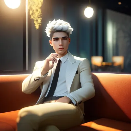 Prompt: Young mafia man with short, white hair, and light eyes, sitting on a couch. volumetric lighting, occlusion, Unreal Engine 5 128K UHD Octane, fractalized, fBm, mandelbrot, moebius strip