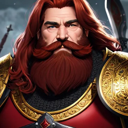 Prompt: "Portrait of an older grizzled male gold dwarf with short fiery red hair and a long trimmed beard, stocky body, dressed in red and black full plate armor, battle axe in hand #3238, UHD, hd , 8k eyes, detailed face,  8k eyes, intricate details, insanely detailed, masterpiece, cinematic lighting, 8k, complementary colors, golden ratio, octane render, volumetric lighting, unreal 5, artwork, concept art, cover, top model, light on hair colorful glamourous hyperdetailed medieval city background, intricate hyperdetailed breathtaking colorful glamorous scenic view landscape, ultra-fine details, hyper-focused, deep colors, dramatic lighting, ambient lighting god rays, flowers, garden | by sakimi chan, artgerm, wlop, pixiv, tumblr, instagram, deviantart