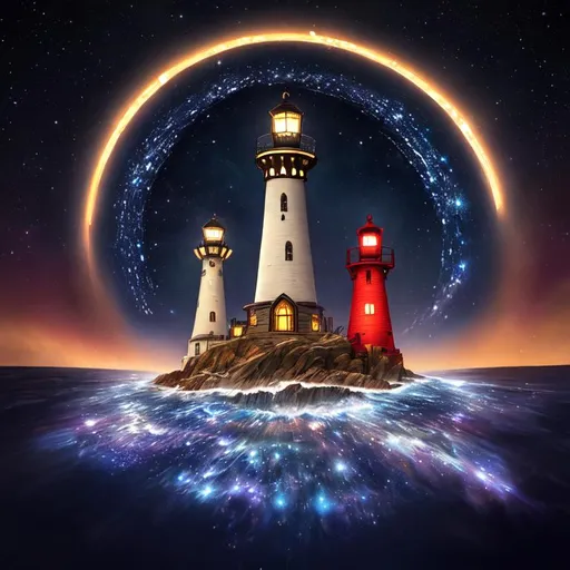 Prompt: An epic fantastic realism comic book style painting of the most beautiful spinning LIGHT HOUSES , launched across the dark and starry night sky,  fisheye, unreal 5, DAZ, hyperrealistic, octane render, dynamic lighting,FUNNY