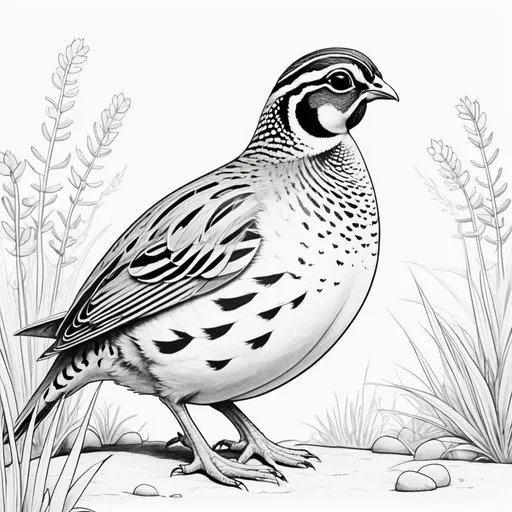 Prompt: create a simple, cute, but realistic, large, animal drawing of a quail with no shading in thick black outline, black lines only leaving space for kids to color in, include minimal landscaping relating to the animal. Drawings to be suitable for a kids coloring book ages 2-5, make sure not to use existing works.