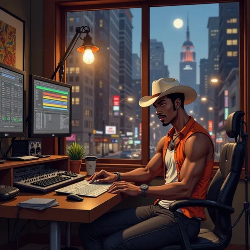 Prompt: A cinematic shot of @TRzJfEbYXKjmZAhFV8fB  working in a private recording studio, crafting his message. Cables, notebooks, and monitors fill the space. The glow of city lights bleeds through the glass. Every detail is intentional. Mood: purpose over pleasure.