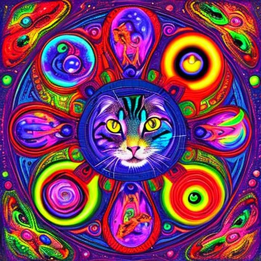 Prompt: a psychedelic cat tripping on lsd surrounded by planets
