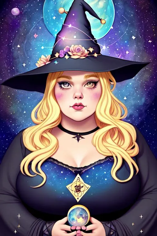 Prompt: tarot card style, beautiful plus size witch with blonde hair, using tarot cards, wearing witch hat, cute, flowers, aesthetic, pastel, fairycore, disney, pixar, moons, stars, witchcraft, in a starry galaxy sky, planets, sweet, dreamy, award winning illustration, artstation, highres, hyperrealistic, large eyes, celestial, sci-fi, fantasy, cottagecore,  art nouveau, sparkles