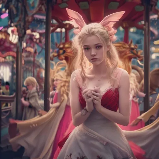 Prompt: Wide shot, cinematic. The subject is a beautiful blonde woman. She is trapped in an amusement park looking for her daughter. A demon is holding the subject down so that she can’t breathe.