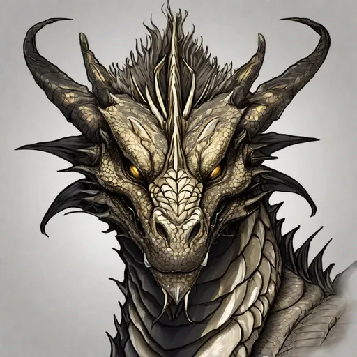 Prompt: Concept design of a dragon. Dragon head portrait. Coloring in the dragon is predominantly deep black with light golden streaks and details present.
