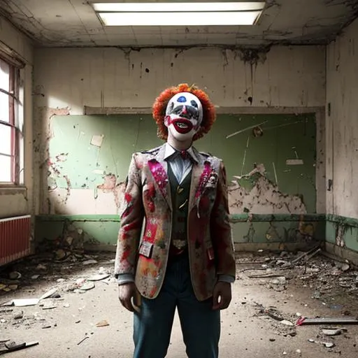 Prompt: A clown in the Abandoned School,real photo,dark details,Smile,bust,clown,evil,lighting,horror clown,gruesome,halloween,scary,fear,grim,portrait,house,old school,decay,disintegration,abandoned,weathered, ＜lora:epiNoiseoffset_v2:1＞