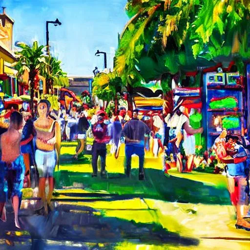 Prompt: Oil painting Portrait of a American landscape of one of Los Angeles green park  in a sunny hot day with busy colorful shops and   traffic and lots of people near shops , extremely clear landscape features 
cinematic,35mm lens ,f/1.8 ,accent lighting,global illumination, uplight