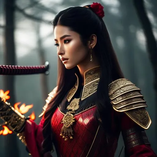 Prompt: a highly detailed, ultra-realistic, HD Photorealistic Photo OF beautiful, stunning, gorgeous, perfect face, perfect body, Blonde caucasian woman in Black and Red Samurai Armor holding a katana

Image resolution must be high to capture every detail, providing an immersive and stunning visual experience. The combination of the woman, the clothes, the sword and the scenery must create a visually striking and coherent composition.