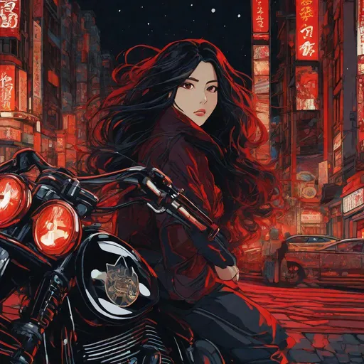 Prompt: Third person, anime, high quality, high detail, portrait, motorcyclist, long wavy black hair, vampire woman, confident and powerful young woman, red and burgundy and black with gold inlaid patterns, vibrant color nighttime city atmosphere, anime style, manga style, Studio Ghibli, detailed print by Hayao Miyazaki, 