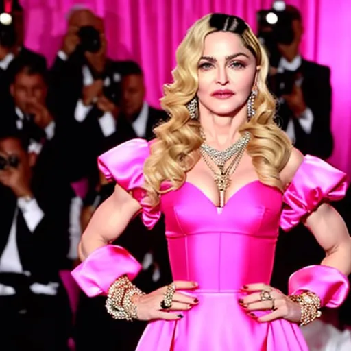 Prompt: Madonna wearing a Barbie inspired pink Dolce&Gabbana Look 