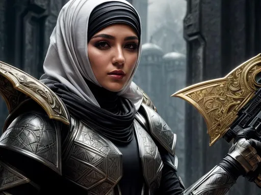 Prompt: futuristic android, weathered white look, non-human face hyper detailed head and shoulders of the most beautiful girl 17 year hijab turkish Demon hunter climate glue Evil Untitled creation by Zdzislaw Bacsinszky, beautiful d&d character portrait, dark fantasy, detailed, realistic face, digital portrait, intricate armor, fiver  DND character, w lop, Stanley art germ lau, cute girl, Art Station, HD, octane render, hyper realism intricate details, 8k, cinematic volumetric light, proportional, art trending on Art Station, sharp focus, studio photo, intricate details, highly detailed, intricate artwork masterpiece, ominous, intricate, epic, trending on Art Station, highly detailed, vibrant, production cinematic character render, ultra high quality model