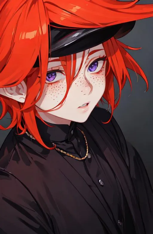 Prompt: Erikku male (short ginger hair, freckles, right eye blue left eye purple) UHD, 8K, Highly detailed, insane detail, best quality, high quality. As the godfather, mafia