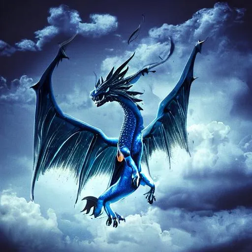 Prompt: a dark realistic scene in the sky with a stunning blue dragon in the middle spitting lightning on pedestrians