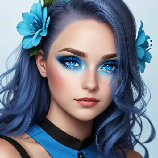 Prompt: A woman all in blue, blue eyes, pretty makeup,blue flower in hair, facial closeup