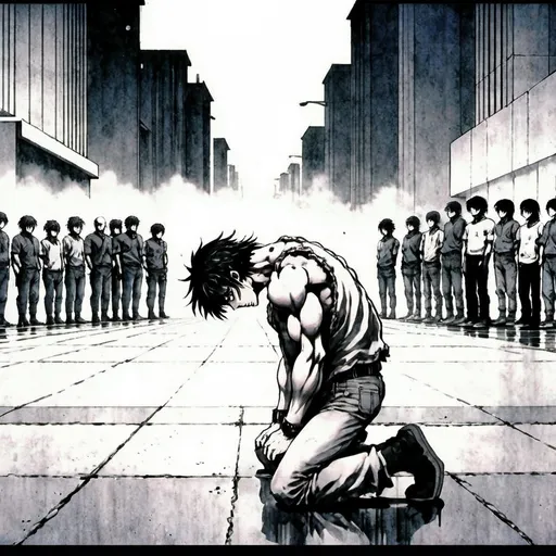 Prompt: anime art drawing style with color, of rocky humbling kneeling looking down facing sideways in a city


