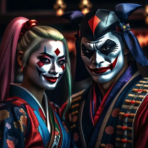 Prompt: Portrait of {  Ninja joker and Harley Quinn} in  {edo era Japan}, perfect composition, hyperrealistic, super detailed, 8k, high quality, trending art, trending on artstation, sharp focus, studio photo, intricate details, highly detailed,happy face, by greg rutkowski