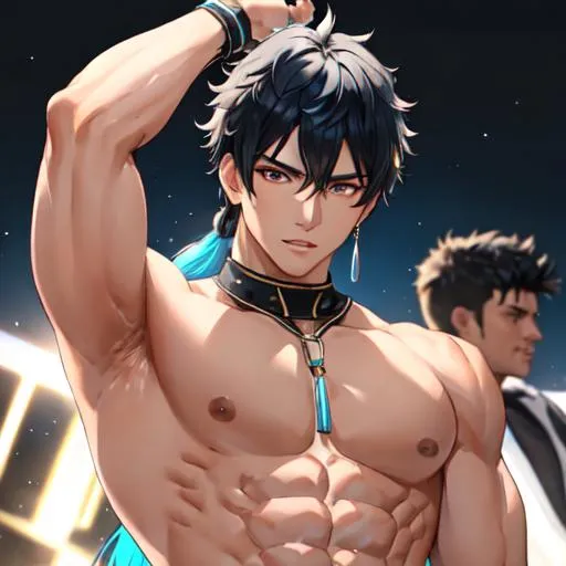 Prompt: Male (black hair in the front blue hair in the back) (brown eyes) buff, muscular,UHD, 8K, highly detailed
