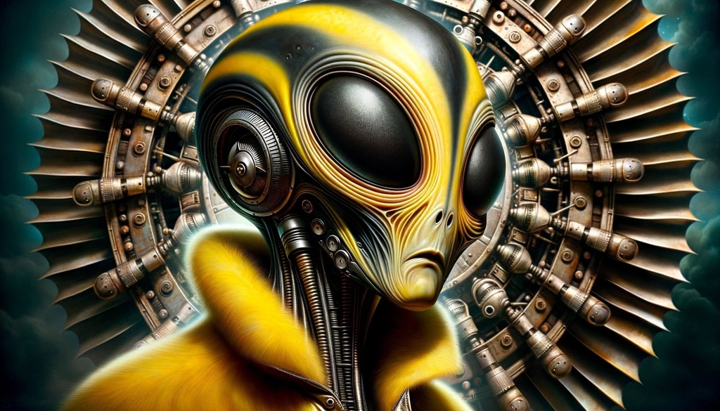 Prompt: Photo-realistic image of a yellow and black alien, blending with a surreal dieselpunk background, with a close-up focus on its unique features.