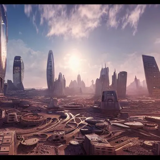 Prompt: Hyper realistic image of futuristic city on colony on mars, anime, warm feeling, sunny day, huge sky scrapers, 8k, hyper realistic, unreal engine 5 