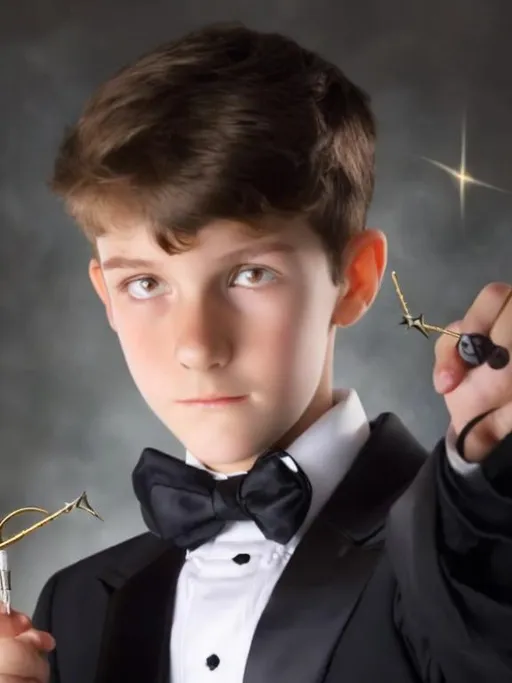 Prompt: 16 year old boy in a tuxedo useing his magic wand to cast a spell