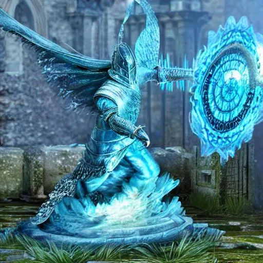 Prompt: Dark souls inspired beautiful Crystalline blue Statue knelling in prayer, hedge garden courtyard background, unreal engine, splash art, epic video game concept art