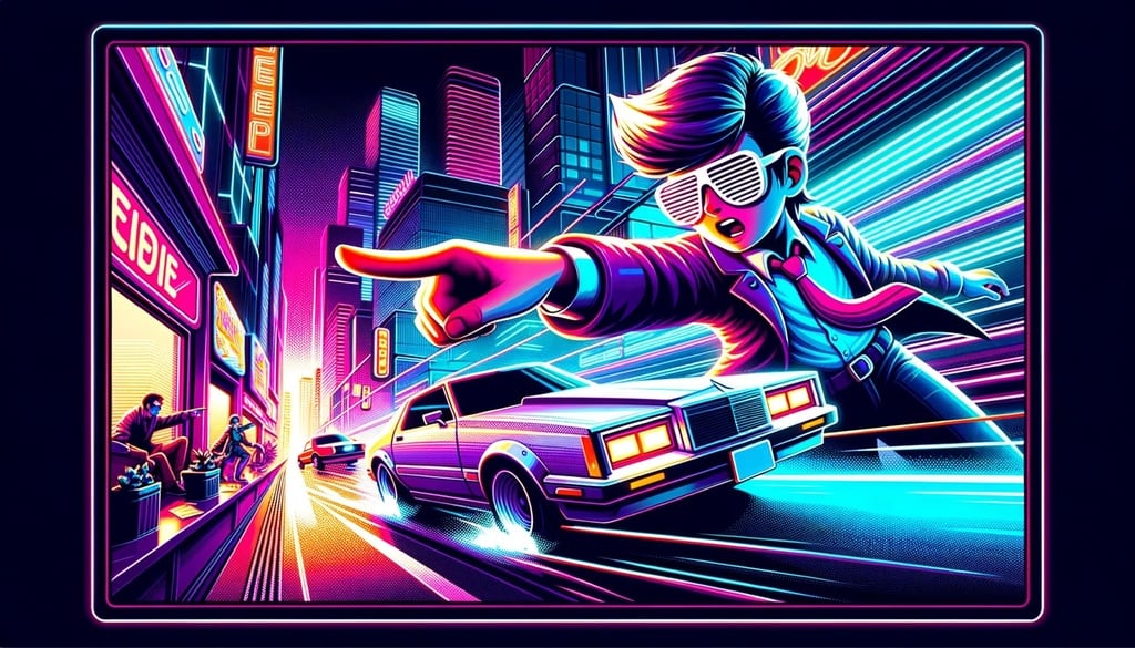 Prompt: Wide poster of an animated game set in a neon-lit city. A character wearing retro sunglasses is in a dynamic pose, pointing at a speeding vehicle. The atmosphere feels like a blend of 1970s neon aesthetics with the exuberance of kidcore and the detail of modern graphics.