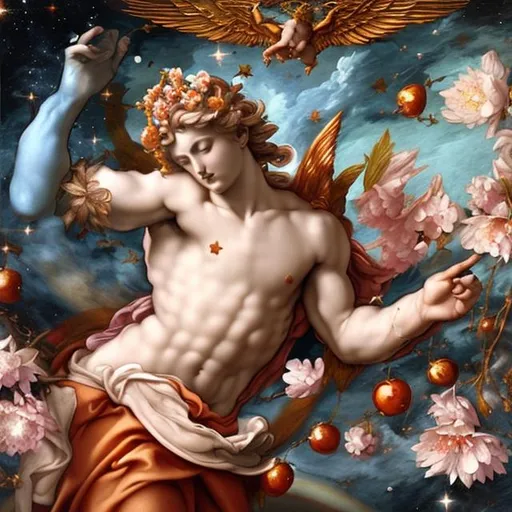 Prompt: Cd cover  depicting a greek god in the middle deep space and cherry blossoms in micheal angelo painting style