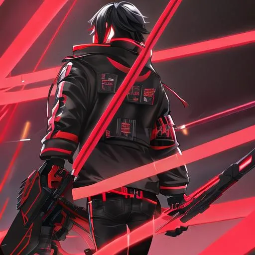 Prompt: Male character, black but red neon gas mask, cyber netrunner hood (black but neon red), neon red Sword In its Back, Red Mecha Cyber Jacket, black jeans, red shoes