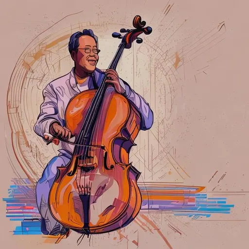 Prompt: yo yo ma playing the cello but using line art with groovy sunset and blue colors on a beige background with lots of empty space