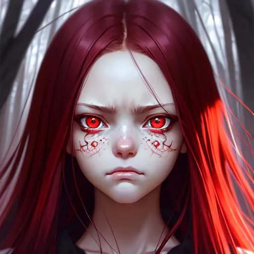 Prompt: Closeup face portrait of  17 years old girl,with scary facial expression,a demon in background, smooth soft skin, big dreamy  red eyes, beautiful intricate colored hair, symmetrical, anime wide eyes, red forest background ,soft lighting, detailed face, by makoto shinkai, stanley artgerm lau, wlop, rossdraws, concept art, digital painting, looking into camera