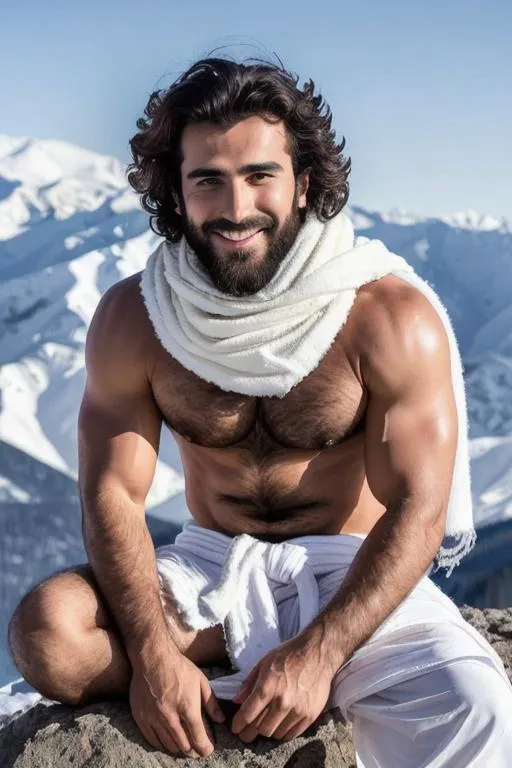 Prompt: a scene of "dark sky dawn", snow mountain, depth of hills, white snow, (training), kashmiri hyperreal handsome rugged hairy hunk, smile, white shawl dhoti, detailed, hyperreal, sitting, arena, perfect composition, hyperrealistic, super detailed, 8k, high quality, trending art, trending on artstation, sharp focus, studio photo, intricate details, highly detailed, by greg rutkowski
