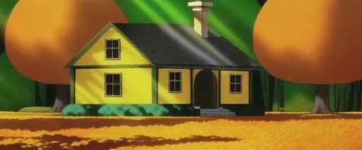 Prompt: Old orange house in autumn forest at noon, DVD Screengrab from Walt Disney Animation Studios 1991 movie