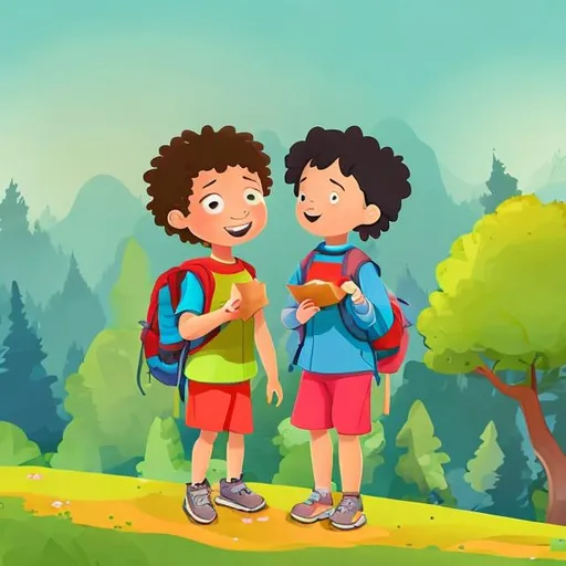 Prompt: 2 children wearing hiking clothes, 
with trees in the background, talking together, in cartoon children's book style