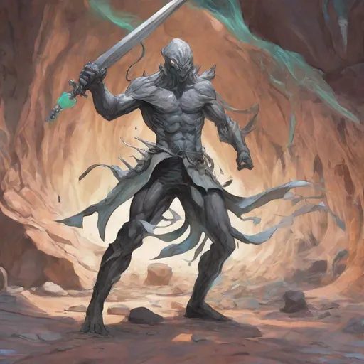 Prompt: {{{{{{Gelatinous Body}}}}}}, {{{Full Body Grey Skin}}}, {{Slime Like Body}}, masculine non humanoid, evolution, wielding two psionic daggers, fantasy setting, cave background, combat stance, colored