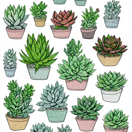 Prompt: colored line artwork of succulents on a white background