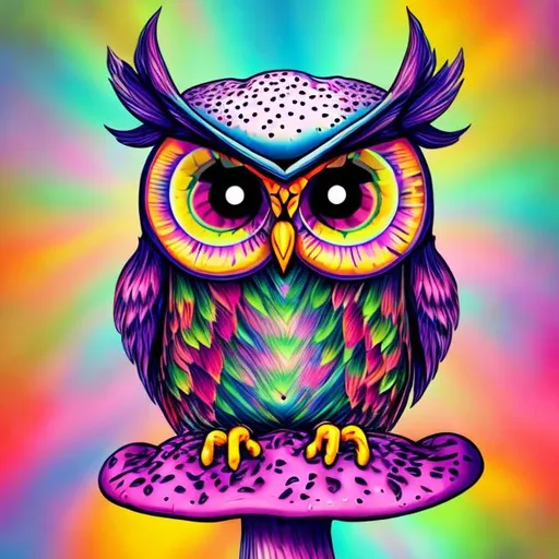 Prompt: Owl on a Mushroom in the style of Lisa frank