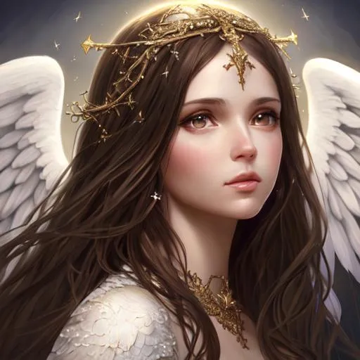 Prompt: Angel, beautiful face, detailed face, brunette, shining, holy light background, wide black wings, full body, mythical, fantasy, elegant, hyperrealism, highly detailed, intricate detailed,dynamic lighting, 4K, HD.