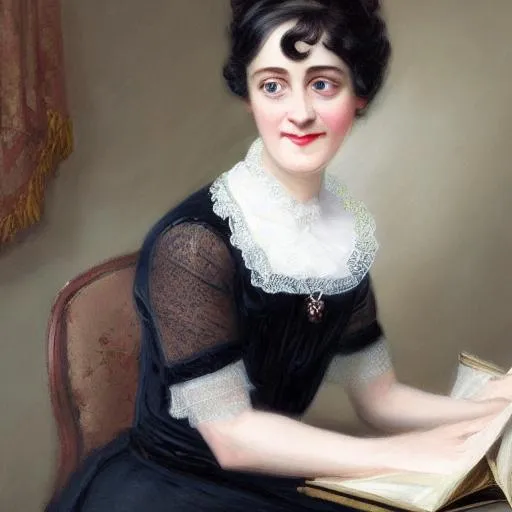 Prompt: Portrait of Edwardian writer Jane Austen,  with black hair and with cute face, room background, perfect composition, hyperrealistic, super detailed, 8k, high quality, trending art, trending on artstation, sharp focus, studio photo, intricate details, highly detailed, by greg rutkowski