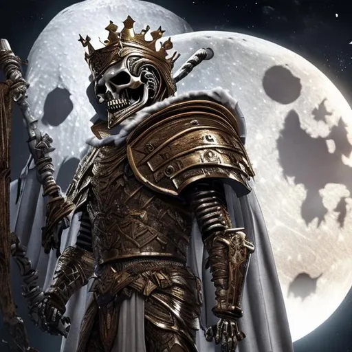 Prompt: Skeleton king in ancient greek armor looking at the moon full body in final moment for battle
