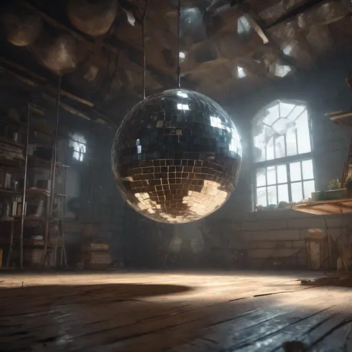 Prompt: a hanging disco mirror ball in a dusty basement strange consoles covered with old sheets. vacuum tubes and transformers, 2 point perspective islands in the distance, volumetric lighting, unreal engine, trending on art station, beautiful, atmosphere, volumetric cinematic perfect light, high-angle, asymmetric balance 16:9 600 5.2