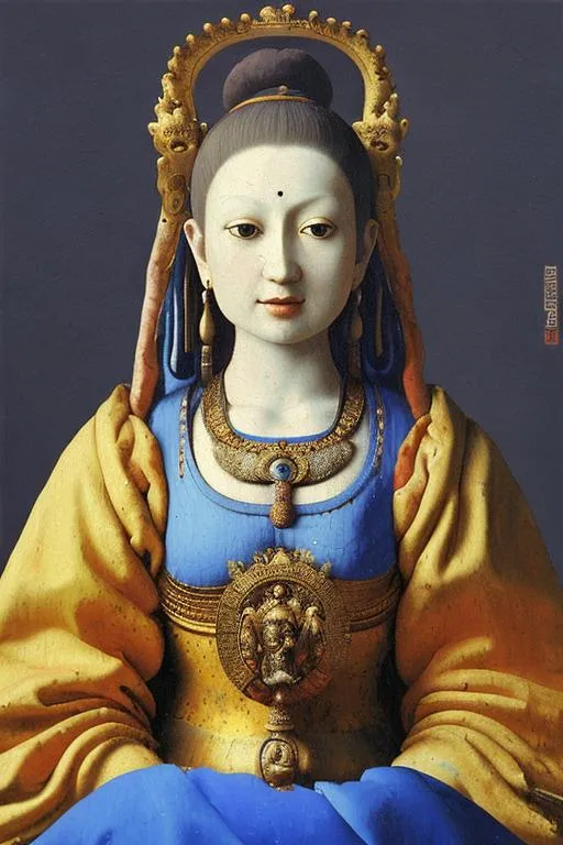 Prompt: oil paint, avalokiteśvara, Johannes Vermeer style, detailed