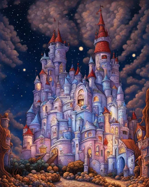 Prompt: a funny crooked sparkling castle. By Dr Seuss, Tim Burton, Jacek yerka, Catherine Abel, Megan Duncanson,  Joe Fenton. Very detailed, intricate. High quality