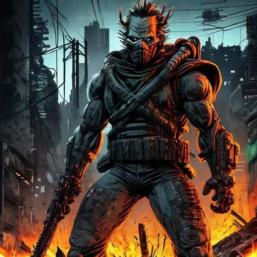 Prompt: Gritty Todd McFarlane style All Might, all black camo. Full body. Imperfect, Gritty, futuristic army-trained villain. full face mask. Bloody. Hurt. Damaged. Accurate. realistic. evil eyes. Slow exposure. Detailed. Dirty. Dark and gritty. Post-apocalyptic Neo Tokyo .Futuristic. Shadows. Sinister. Armed. Fanatic. Intense. 