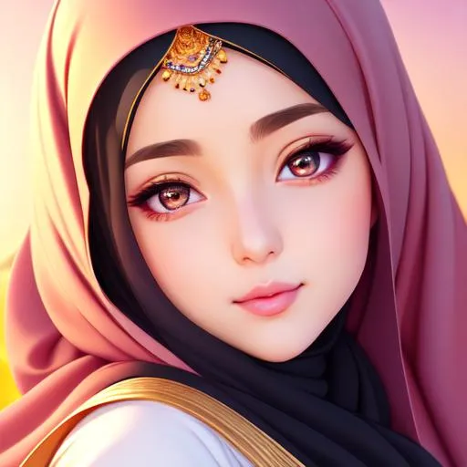 Pretty woman wear hijab, hero, smile, anime version