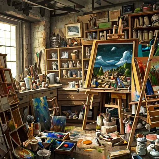 Prompt: A painting of a painter's workshop with paints and brushes laying all around