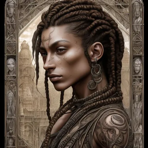 Prompt: Masterpiece, uncompressed images, 8k, extremely beautiful woman, slim, flawless body ((very detailed)), has long black hair, braided in dreadlocks ((very detailed)), expressive brown eyes ((very detailed)), fair skin  , perfect face ((symmetrical, very detailed)), narrow waist, colored tattoos ((very detailed)), complex tattoos, darkerrcore, wearing 3-piece lingerie set made of black satin, underwired bra with decorative element between the cups, garter belt with suspenders,  transparent black string, lots of details, looking at the viewer, smiling, neutral background, backlight, professional photo, cinematic, sharp focus, highest quality