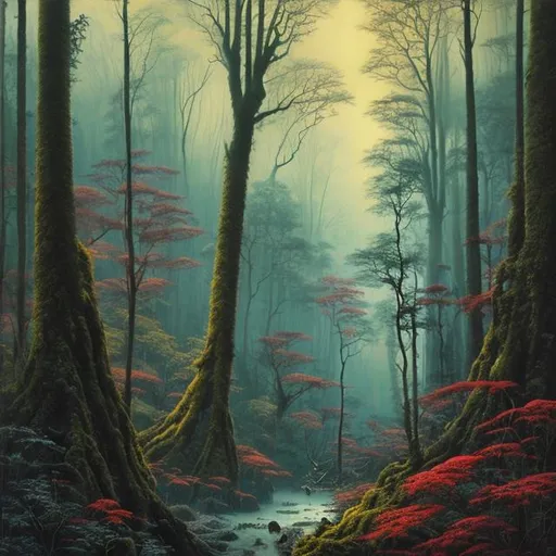 Prompt: Landscape painting, lush and dark forest, dull colors, danger, fantasy art, by Hiro Isono, by Luigi Spano, by John Stephens
